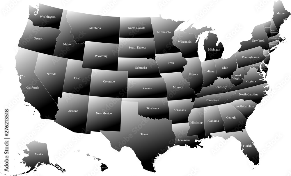 Wall mural Map of the United States of America split into individual states. Displaying full name of each state. Gradual coloring from white to black creating a 3D effect.