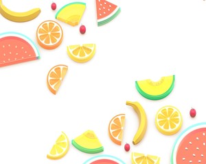 Summer fruits 3D isometric illustration, watermelon, melon, orange, lemon, grapefruit, cherry, banana. Background composition.