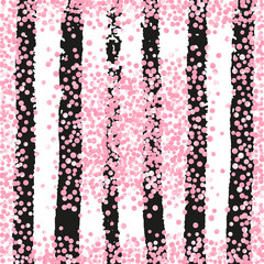 Wedding glitter confetti with dots on black stripes. Sequins with metallic shimmer and sparkles. Template with pink wedding glitter for party invitation, bridal shower and save the date invite.