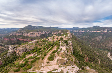 View of Siurana - old village at the rock, Catalonia, Spain. Drone aerial panorama
