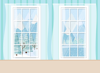 Cozy living room home interior scene with two whiye plastic pvc panoramic windows with winter mountain and lake landscape in cartoon flat style. Vector backdrop illustration.