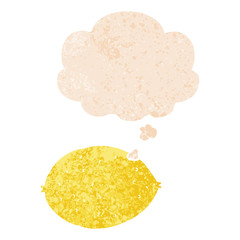 cartoon lemon and thought bubble in retro textured style