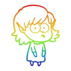 rainbow gradient line drawing cartoon elf girl staring