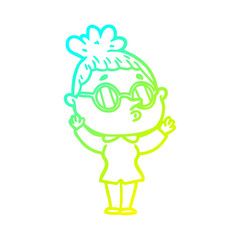 cold gradient line drawing cartoon woman wearing glasses