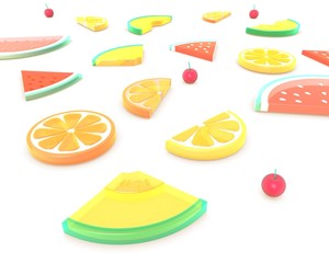 3D summer fruits, watermelon, melon, orange, lemon, grapefruit, cherry, banana. Background composition, perspective.
