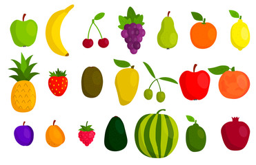 Cute cartoon fruits set in flat style isolated on white background. Icons. Vector illustration.  
