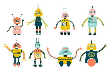Cute robots for girls and boys isolated on white background. Flat style collection of toys. Vector illustration. 