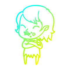 cold gradient line drawing cartoon vampire girl with blood on cheek