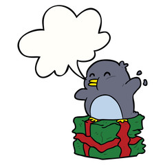 cartoon penguin on wrapped present and speech bubble
