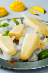 Banana mango ice cream with fruits and ices