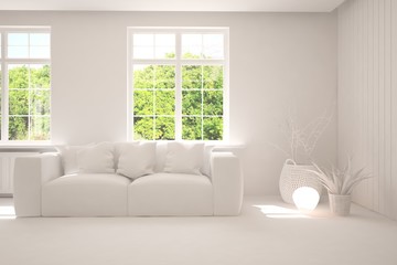 Mock up of stylish room in white color with sofa and green landscape in window. Scandinavian interior design. 3D illustration