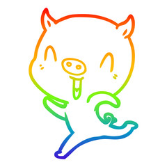 rainbow gradient line drawing happy cartoon pig running