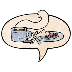 cartoon breakfast of coffee and bacon and speech bubble in retro texture style