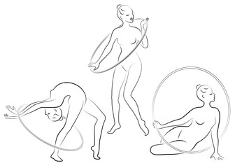 Collection. Rhythmic gymnastics. Silhouette of a girl with a hoop. Beautiful gymnast. The woman is slim and young. Vector illustation set