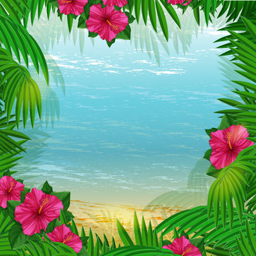 A square frame for text or a photo of palm leaves with pink hibiscuses and marine scenery . Postcard with tropical plants. Vector illustration.