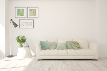 Stylish room in white color with sofa. Scandinavian interior design. 3D illustration