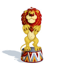 A trained lion stands on his hind legs on a circus pedestal. Performances with wild predatory animals. A cute cartoon character. Vector illustration. Isolate.
