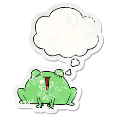 cute cartoon frog and thought bubble as a distressed worn sticker