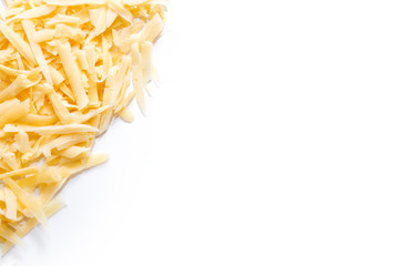 Obraz premium Delicious grated cheese on white background