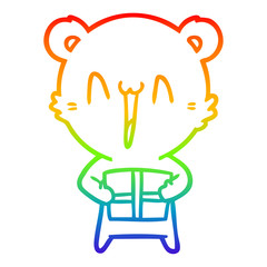 rainbow gradient line drawing happy bear with gift cartoon