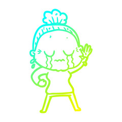 cold gradient line drawing cartoon old woman crying and waving
