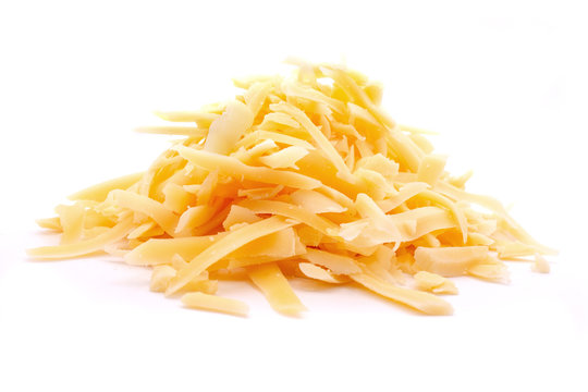 Delicious grated cheese on white background