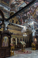 Fototapeta na wymiar Frescoes and paintings in Bachkovo monastery aka Assumption of the Holy Virgin, landmark and pilgrimage site. Asenovgrad, Bulgaria