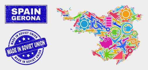 Mosaic tools Gerona Province map and Made in Soviet Union stamp. Gerona Province map collage composed with scattered bright tools, palms, service elements.