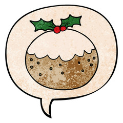 cartoon christmas pudding and speech bubble in retro texture style