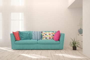 Stylish room in white color with sofa. Scandinavian interior design. 3D illustration