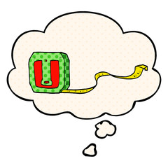 cartoon tape measure and thought bubble in comic book style