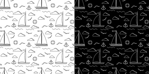 Set of black and white line art vector seamless pattern with one two sails sailboat, clouds, anchor, lifebuoy, gull on the background. Endless texture for web, covers, decoration, children's design.