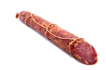 juicy and tasty smoked sausage isolated on white background