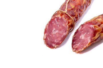 juicy and tasty smoked sausage isolated on white background