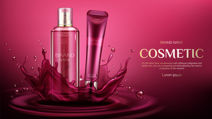 Cosmetic bottles mock up, beauty skin care cosmetics product cream and spray tubes on water splash background with drops. Package design mockup promo poster Realistic 3d vector illustration, ad banner