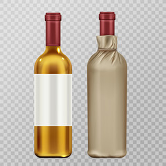 Wine bottles in craft paper package mock up set isolated on transparent background. Glass flask with blank label, white vine alcohol drink, design elements. Realistic 3d vector illustration, clip art