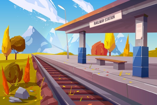Railway station at mountains autumn landscape, empty railroad platform for  train in highland countryside area perspective view, nature background,  public transportation. Cartoon vector illustration Stock Vector | Adobe  Stock