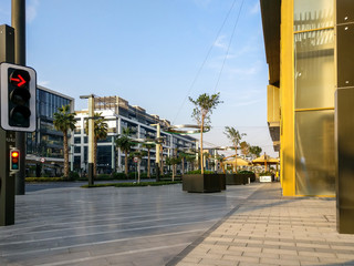 Dubai city walk streets, outdoor stores, cafes and residential buildings