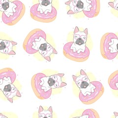 Dog seamless pattern french bulldog paw vector repeat background tile cartoon wallpaper isolated black