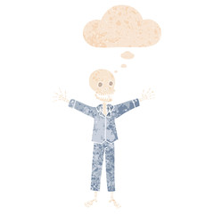 cartoon skeleton wearing pajamas and thought bubble in retro textured style