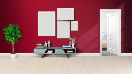 Large luxury modern bright interior room with console 3d illustration