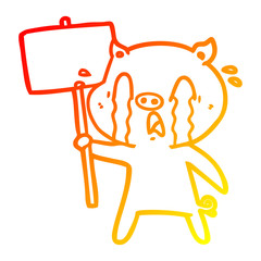 warm gradient line drawing crying pig cartoon with protest sign