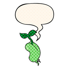 cartoon sprouting seed and speech bubble in comic book style