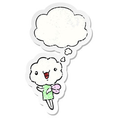 cute cartoon cloud head creature and thought bubble as a distressed worn sticker