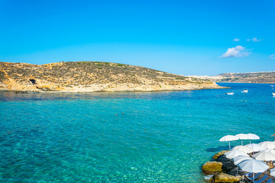 View of Blue lagoon at Comino island on Malta