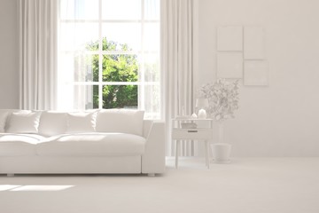 Mock up of stylish room in white color with sofa and green landscape in window. Scandinavian interior design. 3D illustration