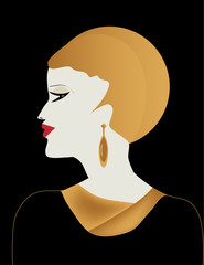 A portrait of a beautiful woman is featured in a minimalist Art Deco style illustration.