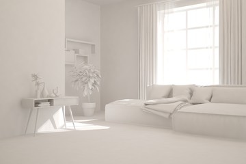 Mock up of stylish room in white color with sofa. Scandinavian interior design. 3D illustration