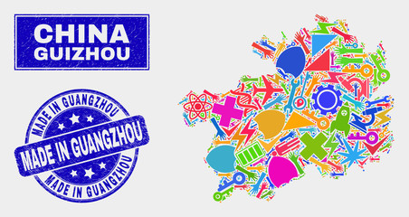 Mosaic technology Guizhou Province map and Made in Guangzhou watermark. Guizhou Province map collage constructed with random colored equipment, palms, service elements.