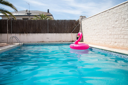 Inflatable Flamingo Alone In A Pool Without People A Summer Day